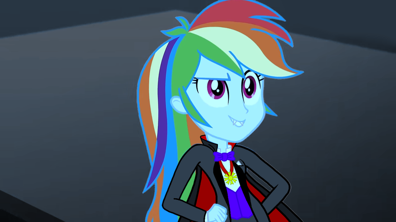 Size: 1280x720 | Tagged: safe, artist:tylerajohnson352, derpibooru import, edit, edited screencap, screencap, rainbow dash, vampire, equestria girls, bowtie, cape, clothes, fangs, female, g4, halloween, holiday, image, jewelry, medallion, monster, necklace, pants, png, sharp teeth, solo, suit, teeth, transformation, vest