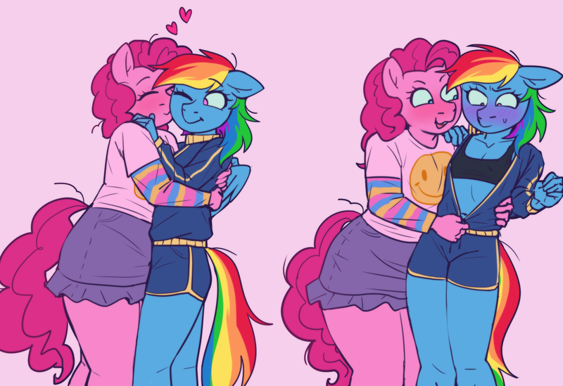 Size: 2822x1937 | Tagged: suggestive, artist:zigmeow, derpibooru import, pinkie pie, rainbow dash, anthro, bipedal, blushing, duo, duo female, female, hug, image, lesbian, pinkiedash, png, shipping, undressing