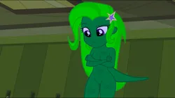 Size: 1023x578 | Tagged: safe, artist:tylerajohnson352, derpibooru import, edit, edited screencap, screencap, trixie, chameleon, dinosaur, gecko, reptile, equestria girls, derpibooru exclusive, dinosaurified, female, g4, green skin, hairpin, halloween, holiday, image, lizard creature, monster, png, scales, solo, species swap, tail, transformation