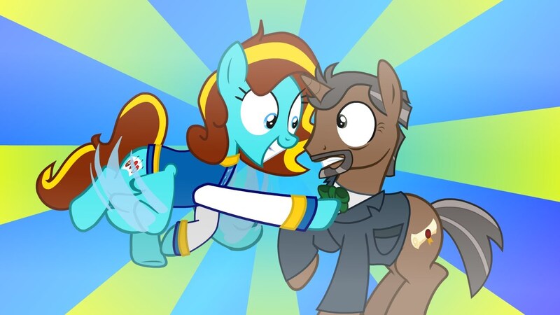 Size: 1280x720 | Tagged: safe, derpibooru import, oc, oc:ilovekimpossiblealot, oc:professor lancie, unofficial characters only, pegasus, pony, unicorn, 2014, brony history, clothes, female, horn, image, it came from youtube, john de lancie, jpeg, let's go and meet john de lancie, male, nostalgia, pegasus oc, raised hoof, show accurate, smiling, stallion, tail, two toned mane, two toned tail, unicorn oc, wings, youtube link, youtube thumbnail