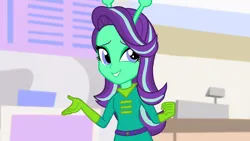 Size: 1280x720 | Tagged: safe, artist:tylerajohnson352, derpibooru import, screencap, starlight glimmer, alien, equestria girls, antenna, belt, clothes, female, g4, gloves, green skin, halloween, holiday, image, monster, png, solo, spacesuit, suit, transformation