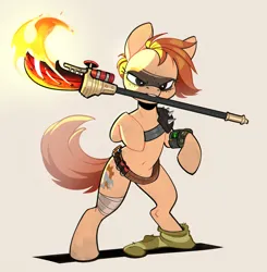 Size: 2226x2268 | Tagged: safe, artist:rexyseven, derpibooru import, oc, oc:rusty gears, unofficial characters only, earth pony, pony, fallout equestria, bandage, belt, bipedal, face paint, female, fire, image, mare, mouth hold, pipbuck, png, raider, rearing, shotgun shell, simple background, sock, solo, spear, weapon, white background