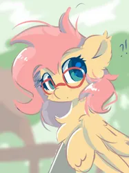 Size: 652x873 | Tagged: safe, artist:skylinepony_, derpibooru import, fluttershy, pegasus, pony, blush lines, blushing, chest fluff, cute, exclamation point, female, fluffy, g4, glasses, hoof hold, image, interrobang, looking at you, png, question mark, shyabetes, solo, tree, wings