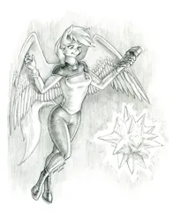 Size: 1060x1350 | Tagged: safe, artist:baron engel, derpibooru import, derpy hooves, anthro, pegasus, unguligrade anthro, crossover, female, image, jpeg, pencil drawing, solo, spread wings, star trek, starfleet uniform, traditional art, tricorder, wings