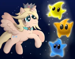Size: 3500x2763 | Tagged: safe, artist:sweetielover, derpibooru import, ponified, alicorn, pony, atg 2024, chubby, crown, eyelashes, female, flying, glow, high res, image, jewelry, looking at someone, luma, necklace, newbie artist training grounds, png, regalia, rosalina, shiny eyes, sky, smiling, space, space background, spread wings, stars, super mario bros., wings