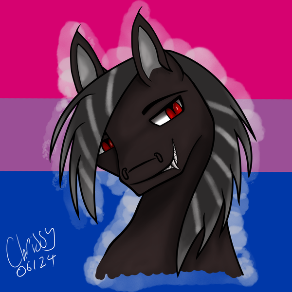 Size: 2400x2400 | Tagged: safe, artist:mrdragon_chris, derpibooru import, oc, oc:storm, pegasus, bisexual, bisexual pride flag, bust, fangs, idiot, image, male, png, portrait, pride, pride flag, smiling, smirk, solo