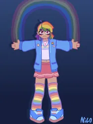 Size: 2160x2880 | Tagged: safe, artist:chaos4cringe, derpibooru import, rainbow dash, human, clothes, ear piercing, earring, female, hoodie, humanized, image, jewelry, midriff, necklace, piercing, png, rainbow, rainbow socks, shirt, shoes, skirt, sneakers, socks, solo, striped socks