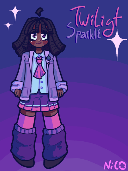 Size: 2160x2880 | Tagged: safe, artist:chaos4cringe, derpibooru import, twilight sparkle, human, alternate hairstyle, badge, blackwashing, blushing, clothes, coat, dark skin, dreadlocks, female, freckles, humanized, image, leg warmers, name, png, shirt, shoes, skirt, socks, solo, stockings, thigh highs