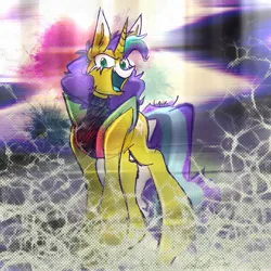 Size: 1893x1894 | Tagged: safe, artist:cupute, derpibooru import, oc, oc:star mane, 80's fashion, abstract background, bright, clothes, colorful, cool, dimensional cracks, evil grin, funky background, g4, gala, grin, image, jpeg, looking at you, met gala, paint splatter, smiling, sparkles, standing, sweater, texture, thunder, turtleneck, twt gala