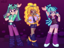 Size: 2880x2160 | Tagged: safe, artist:chaos4cringe, derpibooru import, adagio dazzle, aria blaze, sonata dusk, human, belly button, belt, boots, bracelet, clothes, dark skin, denim, female, gem, gloves, high heel boots, humanized, image, jeans, leggings, microphone, midriff, open mouth, pants, png, shirt, shoes, singing, siren gem, skirt, socks, spiked wristband, the dazzlings, trio, trio female, wristband