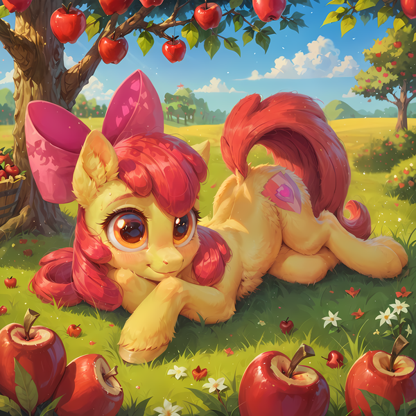 Size: 2048x2048 | Tagged: safe, ai content, artist:venisoncreampie, derpibooru import, machine learning assisted, machine learning generated, stable diffusion, apple bloom, earth pony, pony, apple, blushing, female, food, generator:pony diffusion v6 xl, image, looking at you, lying down, png, prone, solo, solo female, sweat, sweet apple acres