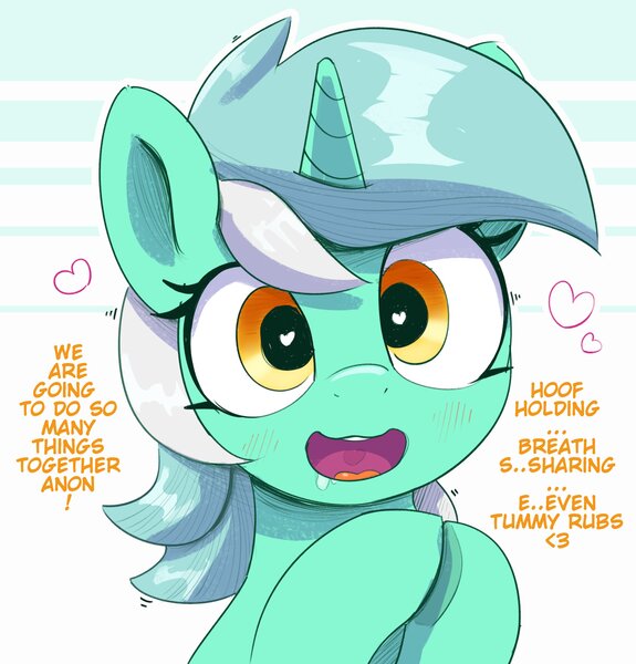 Size: 2862x2985 | Tagged: safe, artist:pabbley, derpibooru import, lyra heartstrings, pony, unicorn, bronybait, dialogue, female, g4, heart, heart eyes, hooves together, horn, image, implied anon, jpeg, looking at you, open mouth, open smile, s, smiling, smiling at you, solo, text, wingding eyes