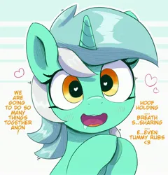 Size: 2862x2985 | Tagged: safe, artist:pabbley, derpibooru import, lyra heartstrings, pony, unicorn, bronybait, dialogue, female, g4, heart, heart eyes, hooves together, horn, image, implied anon, jpeg, looking at you, open mouth, open smile, s, smiling, smiling at you, solo, text, wingding eyes