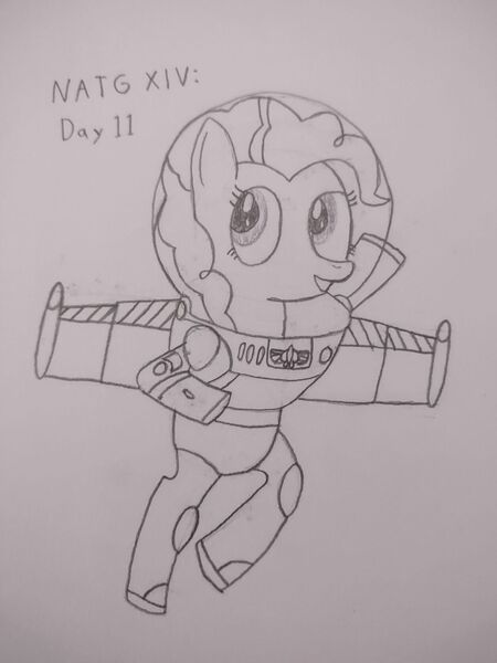 Size: 1254x1672 | Tagged: safe, artist:distydusk, derpibooru import, pinkie pie, earth pony, buzz lightyear, drawing, female, g4, image, jpeg, pixar, solo, toy story