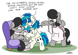 Size: 2500x1758 | Tagged: safe, artist:bobthedalek, derpibooru import, octavia melody, vinyl scratch, oc, oc:mixed melody, oc:octavia's mother, earth pony, pony, unicorn, apron, atg 2024, chair, clothes, distressed, female, g4, horn, image, mare, messy mane, newbie artist training grounds, newspaper, octavia is not amused, panic, panicking, png, safety pin, scruffy, this will end in intensive mothering, trio, trio female, twig, unamused, unstoppable