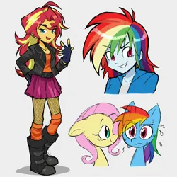 Size: 2048x2048 | Tagged: safe, artist:verafan4ever, derpibooru import, fluttershy, rainbow dash, sunset shimmer, human, pegasus, pony, equestria girls, boots, bust, clothes, eye clipping through hair, eyebrows, eyebrows visible through hair, female, fingerless gloves, fishnet clothing, fishnets, flutterdash, full body, g4, gloves, high res, image, jacket, jpeg, leather, leather jacket, lesbian, looking at you, mare, shipping, shoes, skirt, smiling, smiling at you, socks, stockings, sweat, thigh highs, trio, trio female