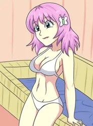 Size: 2150x2900 | Tagged: suggestive, artist:sumin6301, derpibooru import, fluttershy, human, equestria girls, 2d, alternate hairstyle, bangs, belly button, breasts, busty fluttershy, cleavage, eyebrows, eyebrows visible through hair, eyeshadow, female, g4, hairclip, high res, image, indoors, leaning back, legs, lipstick, makeup, midriff, png, short hair, sideboob, solo, solo female, thighs