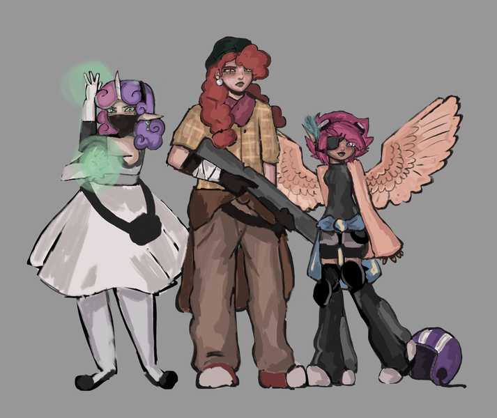 Size: 3267x2750 | Tagged: safe, artist:linatron, derpibooru import, apple bloom, scootaloo, sweetie belle, human, alternate universe, apocalypse, cutie mark crusaders, elf ears, g4, gray background, height difference, helmet, horn, horned humanization, humanized, image, infected, infection au, magic, mlp infection, physique difference, png, simple background, winged humanization, wings