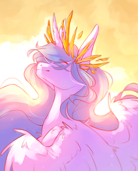 Size: 1108x1373 | Tagged: safe, artist:riressa, derpibooru import, princess celestia, alicorn, pony, bust, eyes closed, female, horn, image, mare, png, portrait, solo, sunlight, wings