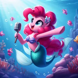 Size: 1024x1024 | Tagged: safe, ai content, derpibooru import, machine learning generated, pinkie pie, fish, mermaid, merpony, ariel, disney, g4, image, jpeg, microphone, ocean, prompter:pinkiepiepics, solo, the little mermaid, under the surface, underwater, water