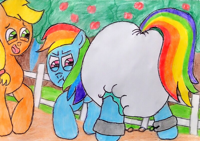 Size: 3305x2329 | Tagged: suggestive, artist:bitter sweetness, derpibooru import, applejack, rainbow dash, earth pony, pegasus, pony, :t, abdl, adult foal, ankle chain, blue sky, bondage, diaper, diaper butt, diaper fetish, dirt road, fetish, g4, green eyes, high res, image, jpeg, looking back, non-baby in diaper, open mouth, open smile, pink eyes, poofy diaper, smiling, sweet apple acres, tied up, traditional art, tree