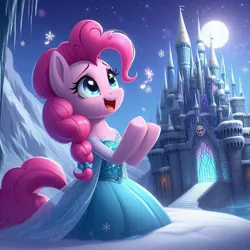 Size: 1024x1024 | Tagged: safe, ai content, derpibooru import, machine learning generated, pinkie pie, castle, disney, elsa, female, frozen (movie), g4, ice, image, jpeg, let it go, prompter:pinkiepiepics, singing, snow, solo, winter