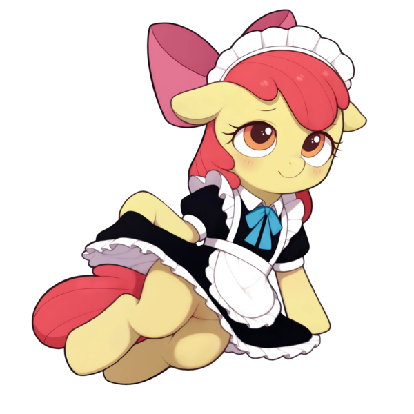 Size: 2048x2048 | Tagged: prompter needed, suggestive, ai content, derpibooru import, machine learning assisted, apple bloom, earth pony, pony, apron, blushing, clothes, female, filly, floppy ears, foal, image, lying down, maid, maid headdress, png, side, simple background, smiling, solo, transparent background