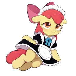 Size: 2048x2048 | Tagged: prompter needed, suggestive, ai content, derpibooru import, machine learning assisted, apple bloom, earth pony, pony, apron, blushing, clothes, female, filly, floppy ears, foal, image, lying down, maid, maid headdress, png, side, simple background, smiling, solo, transparent background