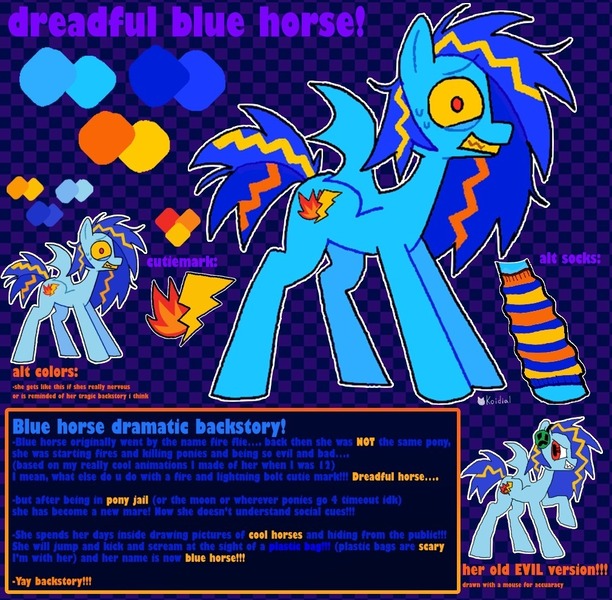 Size: 1010x990 | Tagged: safe, artist:koidial, derpibooru import, oc, oc:dreadful blue horse!, unofficial characters only, bat pony, pony, alternate color palette, backstory in description, bat pony oc, bat wings, blue coat, blue mane, blue tail, blue text, checkered background, clothes, color palette, colored sclera, colored teeth, eyestrain warning, female, image, jpeg, leg warmers, long description, long mane, mare, messy mane, messy tail, multicolored mane, multicolored tail, nervous, no catchlights, no pupils, orange text, outline, patterned background, ponysona, profile, purple text, red eyes, reference sheet, saturated, sharp teeth, signature, solo, spiky mane, spiky tail, spread wings, standing, sweat, sweatdrop, tail, teeth, text, three toned mane, three toned tail, tri-color mane, tri-color tail, tri-colored mane, tri-colored tail, tricolor mane, tricolor tail, tricolored mane, tricolored tail, wings, yellow sclera, yellow teeth, yellow text