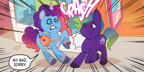 Size: 481x242 | Tagged: safe, derpibooru import, idw, pony, unicorn, g5, spoiler:comic, spoiler:g5comic, comic, cute, dizzy, female, gradient mane, horn, image, mare, maretime bay, maretime mysteries #1, misty brightdawn, mistybetes, my little pony: maretime mysteries, official comic, png, raised hoof, swirly eyes