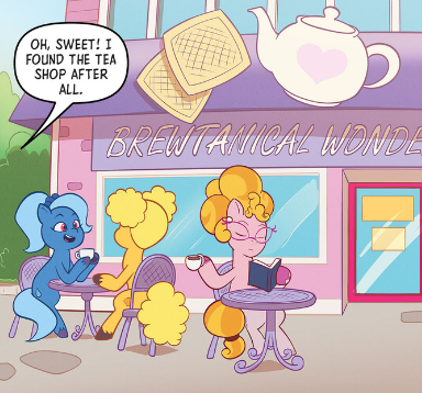 Size: 384x358 | Tagged: safe, derpibooru import, idw, phyllis cloverleaf, unnamed character, earth pony, pony, g5, spoiler:comic, spoiler:g5comic, comic, cup, cute, drink, drinking, female, gradient mane, image, mare, maretime bay, maretime mysteries #1, mistybetes, my little pony: maretime mysteries, official comic, offscreen character, pigtails, png