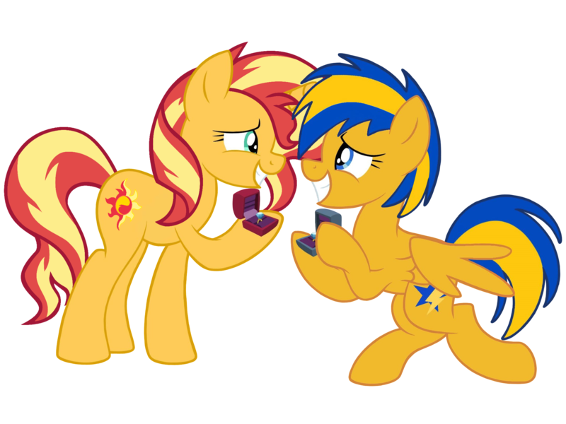 Size: 2048x1536 | Tagged: safe, artist:mlpfan3991, artist:ry-bluepony1, derpibooru import, sunset shimmer, oc, oc:flare spark, pegasus, unicorn, canon x oc, female, g4, horn, image, jewelry, lesbian, marriage proposal, png, ring, ship:flareset, simple background, smiling, transparent background, wedding ring