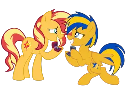 Size: 2048x1536 | Tagged: safe, artist:mlpfan3991, artist:ry-bluepony1, derpibooru import, sunset shimmer, oc, oc:flare spark, pegasus, unicorn, canon x oc, female, g4, horn, image, jewelry, lesbian, marriage proposal, png, ring, ship:flareset, simple background, smiling, transparent background, wedding ring