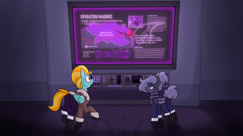 Size: 3840x2160 | Tagged: safe, artist:moonatik, derpibooru import, lightning dust, oc, oc:selenite, bat pony, pegasus, pony, equestria at war mod, alternate timeline, bat pony oc, bat wings, bomber jacket, boots, clothes, computer, dread league, female, gloves, hair bun, image, jacket, map, mare, military uniform, new lunar millennium, nightmare takeover timeline, png, screen, shoes, tail, tail bun, uniform, wings