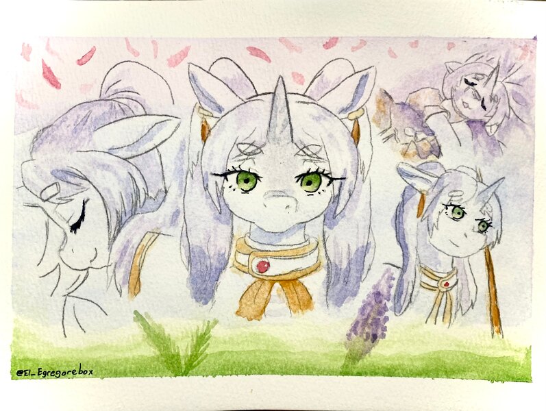 Size: 3395x2557 | Tagged: safe, artist:gorebox, derpibooru import, pony, collage, frieren, frieren: beyond journey's end, grass, image, jewelry, jpeg, petals, pigtails, sleeping, solo, staff, traditional art, twintails, watercolor painting