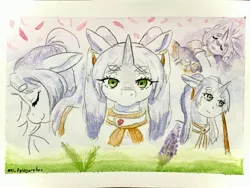 Size: 3395x2557 | Tagged: safe, artist:gorebox, derpibooru import, pony, collage, frieren, frieren: beyond journey's end, grass, image, jewelry, jpeg, petals, pigtails, sleeping, solo, staff, traditional art, twintails, watercolor painting