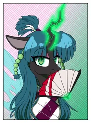 Size: 5680x7680 | Tagged: safe, artist:niggerdrawfag, derpibooru import, queen chrysalis, changeling, changeling queen, g4, abstract background, border, clothes, cosplay, costume, cute, female, image, lidded eyes, looking at you, magic, paper fan, png, smiling, solo, telekinesis, white border, wings