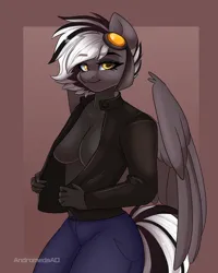 Size: 2000x2500 | Tagged: suggestive, artist:skyboundsiren, derpibooru import, oc, oc:zephyr corax, unofficial characters only, anthro, pegasus, absolute cleavage, breasts, cleavage, clothes, denim, female, hairpin, image, jacket, jeans, leather, leather jacket, looking at you, pants, png, short mane, smiling, smiling at you, solo, solo female, wings