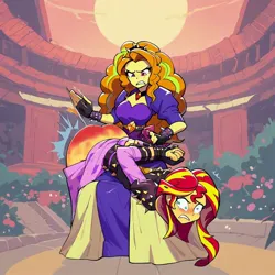 Size: 1200x1200 | Tagged: suggestive, ai content, machine learning assisted, machine learning generated, prompter:desconhecido2000, stable diffusion, adagio dazzle, sunset shimmer, human, equestria girls, ass, bunset shimmer, butt, duo, duo female, female, image, jpeg, over the knee, reddened butt, spank mark, spanked, spanking, teeth grinding