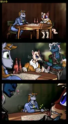 Size: 1500x2740 | Tagged: suggestive, artist:scarletdex8299, derpibooru import, oc, oc:littlepip, unnamed oc, anthro, cat, digitigrade anthro, earth pony, unguligrade anthro, unicorn, fallout equestria, alcohol, annoyed, bar, beer, blurry background, clothes, comic, dreamkeepers, drunk, duo, duo male and female, face grab, fallout, female, flirting, furry, furry oc, gun, horn, image, jumpsuit, lidded eyes, mace, male, map, nuka cola, pipbuck, png, scar, vault suit, weapon