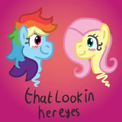 Size: 668x667 | Tagged: safe, artist:zoeyhorse, derpibooru import, fluttershy, rainbow dash, pegasus, pony, blush scribble, blushing, bust, cute, dashabetes, female, flutterdash, g4, gradient background, image, lesbian, looking at each other, looking at someone, looking into each others eyes, png, shipping, shyabetes, smiling, smiling at each other, text