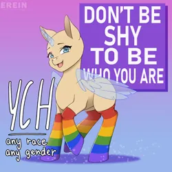 Size: 2000x2000 | Tagged: safe, artist:erein, derpibooru import, pony, advertisement, any gender, any race, auction, auction open, clothes, commission, ears up, gradient background, high res, horn, image, jpeg, lgbt, looking at you, open mouth, pride, pride month, pride socks, simple background, smiling, smiling at you, solo, text, wings, ych sketch, your character here