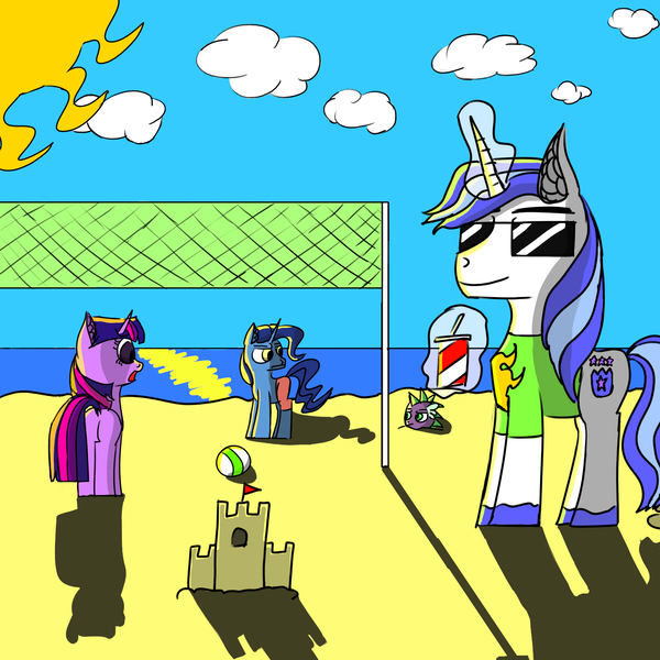 Size: 1500x1500 | Tagged: safe, artist:icycrymelon, derpibooru import, night light, shining armor, spike, twilight sparkle, dragon, pony, unicorn, beach, butt, family, female, horn, image, male, mare, plot, png, sandcastle, siblings, stallion, sun