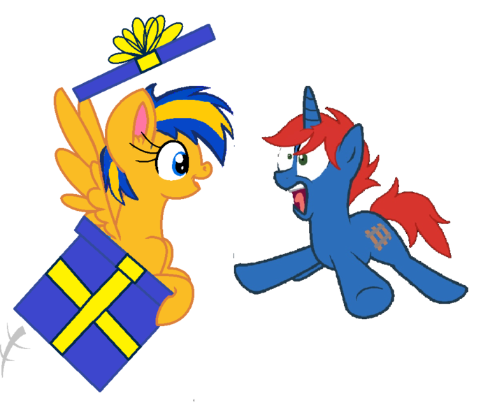 Size: 1000x844 | Tagged: safe, artist:mlpfan3991, derpibooru import, surprise, oc, oc:flare spark, oc:train track, unofficial characters only, pegasus, unicorn, g1, duo, duo male and female, female, g4, happy birthday, horn, image, male, png, popping out, present, simple background, transparent background