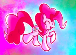 Size: 2048x1486 | Tagged: safe, artist:missing-elixir, derpibooru import, pinkie pie, earth pony, pony, ^^, concave belly, eyes closed, female, g4, image, jpeg, mare, multicolored background, open mouth, open smile, outline, raised hoof, smiling, solo