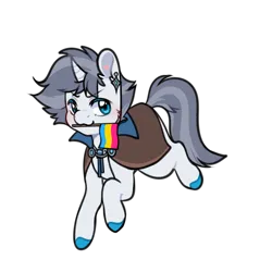 Size: 1000x1000 | Tagged: safe, artist:artchoiaila, derpibooru import, oc, oc:lancer thunderstride, unofficial characters only, pony, unicorn, blue eyes, blue hooves, cape, chibi, clothes, collar, commission, cute, ear piercing, earring, flag, gray mane, gray tail, grey hair, horn, image, jewelry, light skin, male, pansexual pride flag, piercing, png, pride, pride flag, simple background, solo, stallion, transparent background