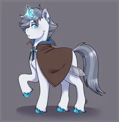 Size: 2433x2497 | Tagged: safe, artist:artchoiaila, derpibooru import, oc, oc:lancer thunderstride, unofficial characters only, pony, unicorn, blue eyes, blue hooves, cape, clothes, collar, commission, ear piercing, earring, electricity, gray background, gray mane, gray tail, grey hair, horn, image, jewelry, light skin, lightning, male, piercing, png, simple background, solo, stallion, sword, weapon