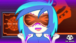 Size: 300x169 | Tagged: safe, artist:theminus, derpibooru import, vinyl scratch, human, equestria girls, animated, bouncing, bouncing breasts, breasts, cyberpunk, female, g4, gif, goggles, image, open mouth, piercing, solo, tongue out, tongue piercing, watermark