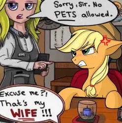 Size: 1031x1039 | Tagged: safe, anonymous artist, artist:celsian, edit, ponerpics import, applejack, earth pony, human, pony, angry, apron, blonde, blushing, cafe, candle, chef, chef's hat, clothes, dialogue, emanata, female, floppy ears, food, glare, gritted teeth, hat, headwear, hooves on the table, image, imminent pain, implied marriage, interspecies, jewelry, male, mare, married couple, menu, name tag, necklace, offscreen character, offscreen human, offscreen male, png, pov, restaurant, salt shaker, self insert, speech bubble, table, teeth, text, this will end in property damage, this will end in tears, unamused, upset, waifu, waitress, watch, wife, woman