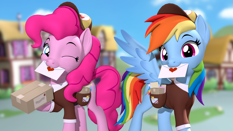 Size: 3840x2160 | Tagged: safe, artist:owlpirate, derpibooru import, pinkie pie, rainbow dash, earth pony, pegasus, pony, 3d, 4k, duo, duo female, female, high res, image, letter, looking at you, love letter, mailmare uniform, mare, mouth hold, one eye closed, package, png, ponyville, smiling, smiling at you, source filmmaker, spread wings, wings, wink, winking at you